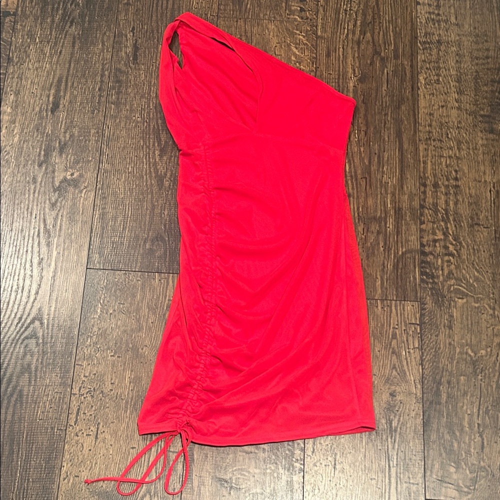 PrettyLittleThing One Shoulder Front Cutout Red Ruched Dress